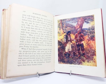 Robinson Crusoe – Libro de tapa dura ilustrado vintage rojo / Novela clásica de aventuras y viajes