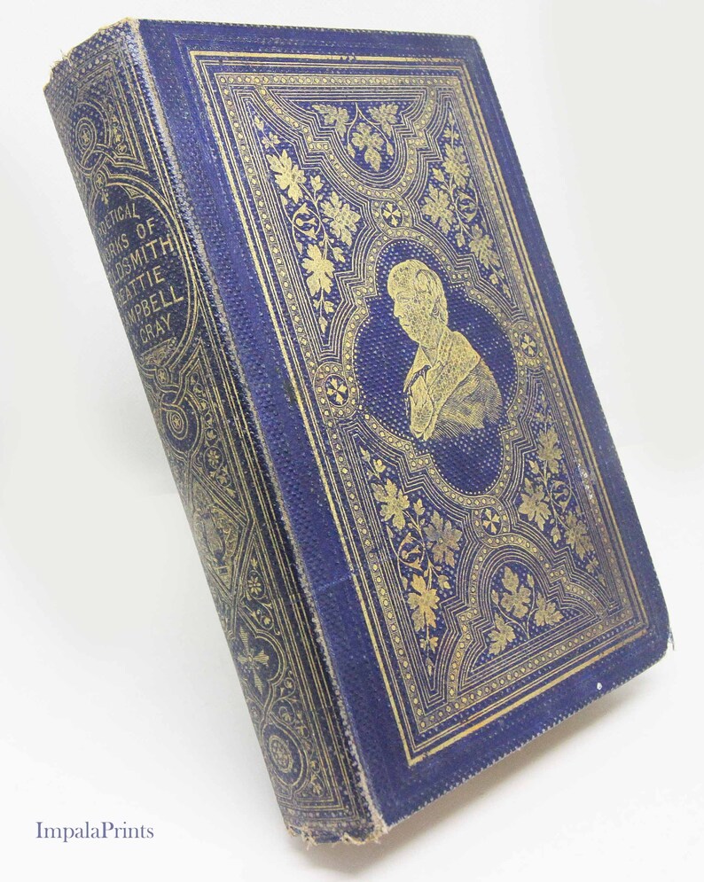 Antique poetry book 1855 Illustrated Rare Book Gift item poet Hardback Blue poetry book Antique image 2