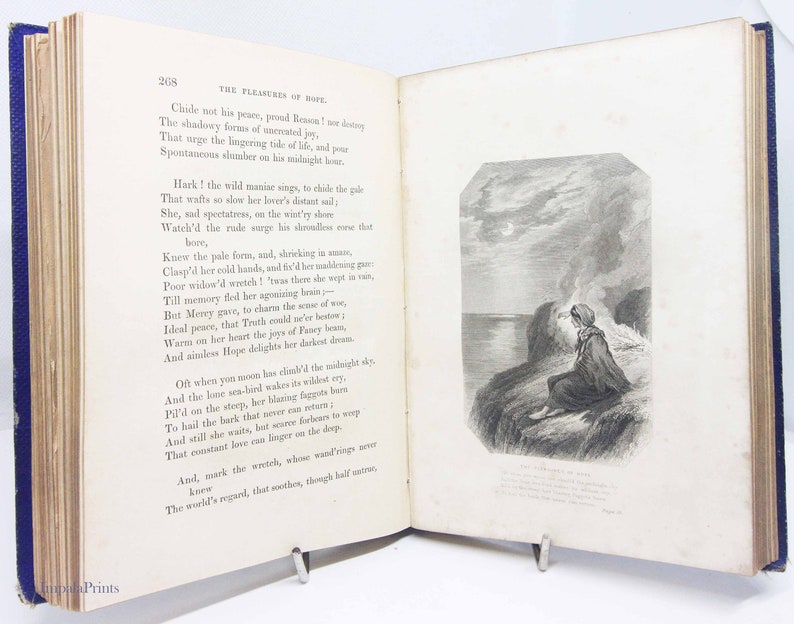 Antique poetry book 1855 Illustrated Rare Book Gift item poet Hardback Blue poetry book Antique image 7
