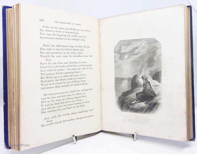 May include: An open book with a black and white illustration of a woman sitting on a cliff overlooking the ocean. The book is titled "The Pleasures of Hope" and includes a poem about a woman grieving the loss of her lover.