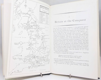 May include: A black and white map of Roman Britain, showing the location of various tribes and Roman forts. The map is from a book titled "Britain at the Conquest".