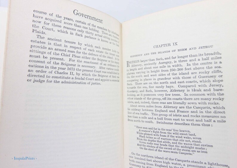 May include: Open book with text on the pages. The left page has the title "Government" and the right page has the title "Chapter IX". The text is in black font on a cream-colored background.