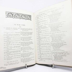 May include: A vintage book with a black and white illustration of an arched doorway. The book's title is "In War Time" and the text is a poem about the Civil War. The book is open to a page with the poem "A Word for the House" by Sir Walter Scott.