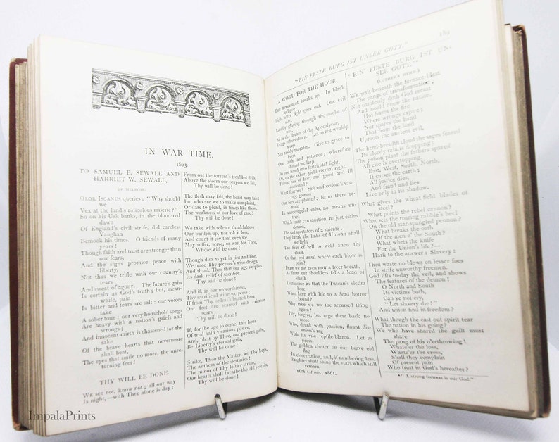 May include: A vintage book with a black and white illustration of an arched doorway. The book's title is "In War Time" and the text is a poem about the Civil War. The book is open to a page with the poem "A Word for the House" by Sir Walter Scott.