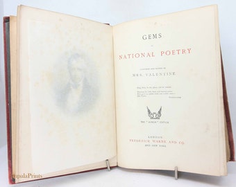 May include: A book titled "Gems of National Poetry" compiled and edited by Mrs. Valentine. The book is part of the "Albion Edition" and published by Frederick Warne and Co. in London and New York.