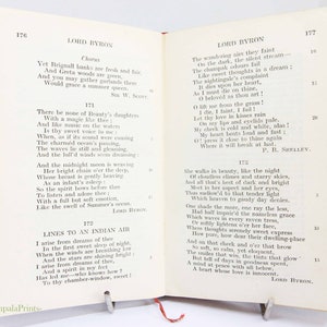 May include: An open book displaying poetry by Lord Byron, pages 176 and 177. The book has a green cloth cover and a metal page holder. The text is printed in black ink on cream-coloured paper.