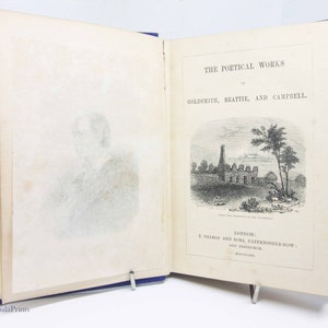 May include: A vintage book titled "The Poetical Works of Goldsmith, Beattie, and Campbell." The book has a blue cover and is open to a page with a black and white illustration of a building with a tall chimney.