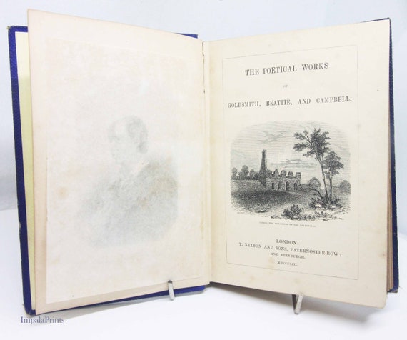 Antique poetry book 1855 Illustrated Rare Book Gift item poet Hardback Blue poetry book Antique