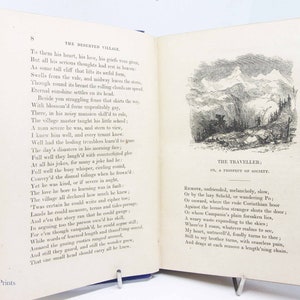 May include: An open book with a black and white illustration of a mountain range. The book is titled "The Traveller; Or, A Prospect of Society."