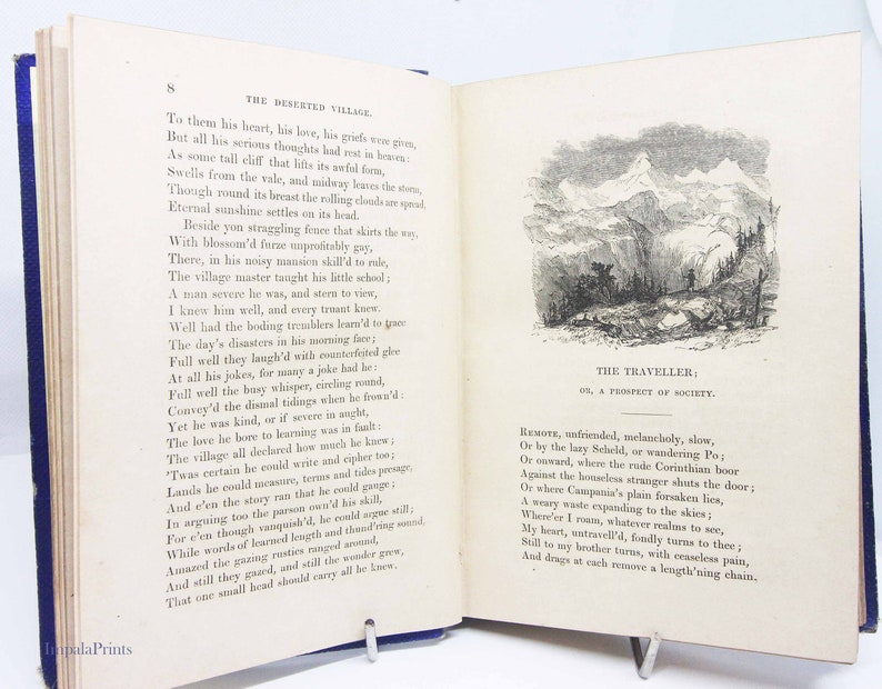 May include: An open book with a black and white illustration of a mountain range. The book is titled "The Traveller; Or, A Prospect of Society."