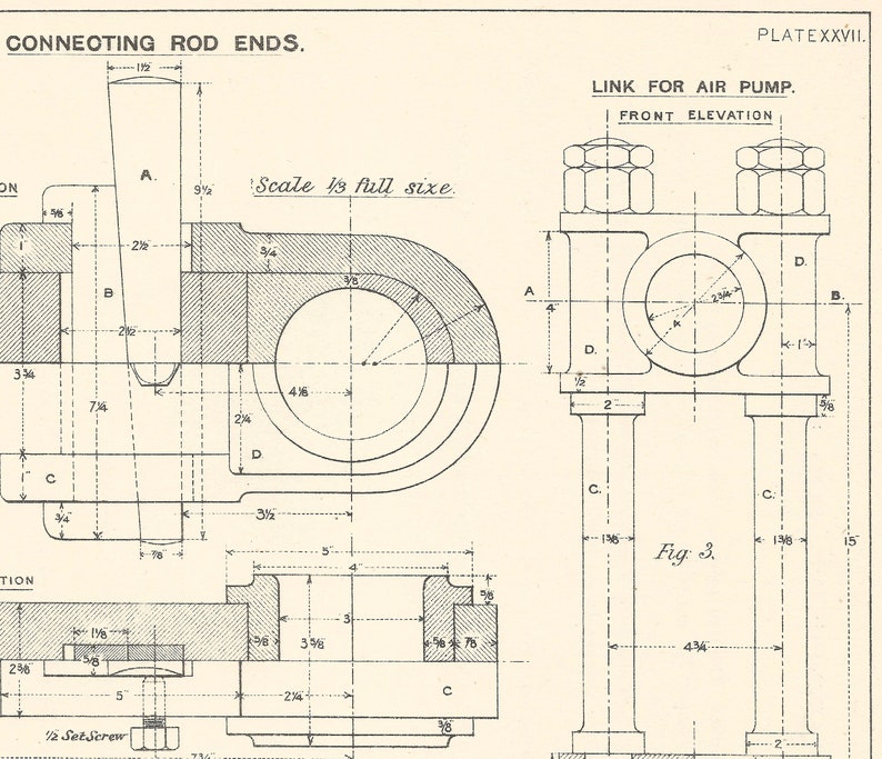 Connecting Rods Machine Drawing 1920s Vintage Etsy