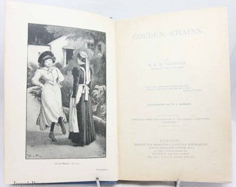 Libro infantil 1900 120 años 'Cadenas doradas' Libro de ficción azul Tapa dura antiguo ilustrado