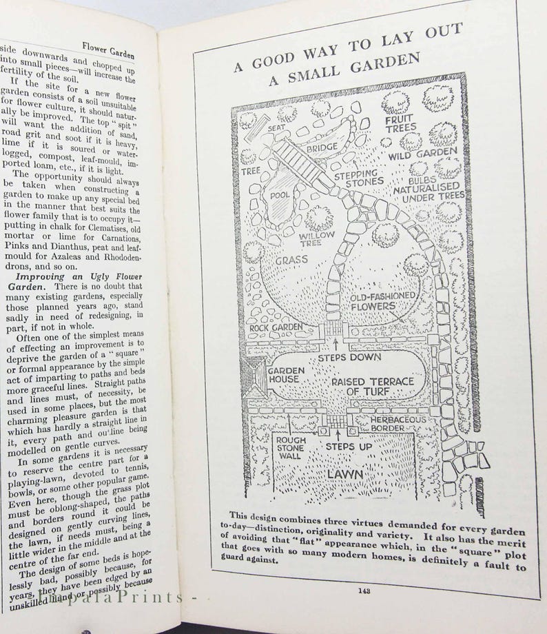 May include: A black and white illustration of a garden layout with labeled features like a pool, bridge, and fruit trees. The text reads "A Good Way to Lay Out a Small Garden."