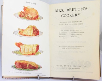 Livro de receitas da Sra. Beetons, receitas ilustradas de culinária vintage, papel efêmero, comida, livro de receitas, história, alimentação, foodie