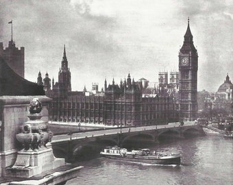 Westminster bridge Big Ben Parliament 1950s vintage Print Vintage ephemera Street art Old London