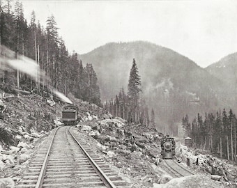 Serpentineisenbahn Great Western Cascades 1895 Druck Old West Antik Nostalgie Druck alte Zeitfotografie schwarzweiß