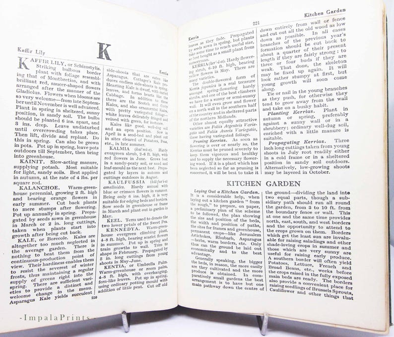 May include: Open book with text about gardening, including Kaffir Lily and Kitchen Garden. The pages are held open by a metal book stand. The text is in black font.