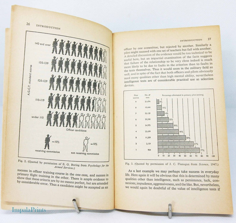 May include: Open book with pages displaying statistical charts and diagrams related to officer candidate scores and pilot training. The text includes the title "INTRODUCTION" and references to scientific studies. The book is held open by a metal clip.