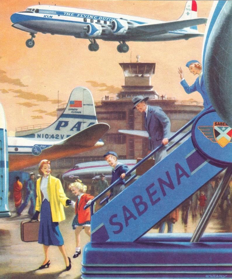 May include: A vintage illustration of a busy airport terminal with passengers boarding a blue and white airplane. The airplane has the text "THE FLYING DUTCH" on the side. The airline is "SABENA" and the airplane has a blue and white striped staircase.