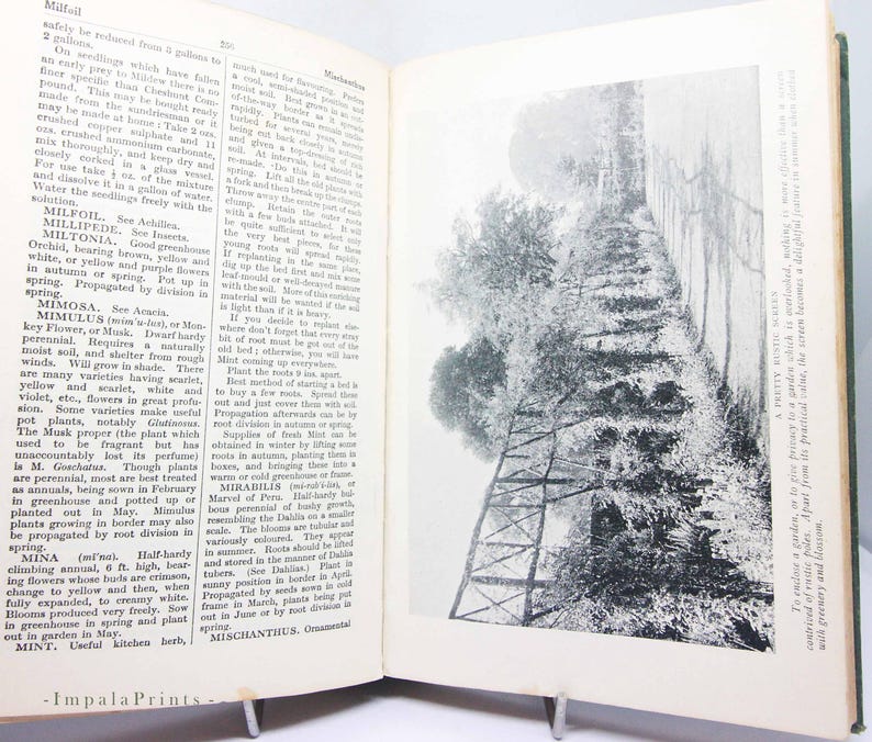 May include: Open book with a black and white photograph of a tall wooden structure in a garden setting. Text on the left page describes plants and gardening techniques. The book is propped open with a metal stand.
