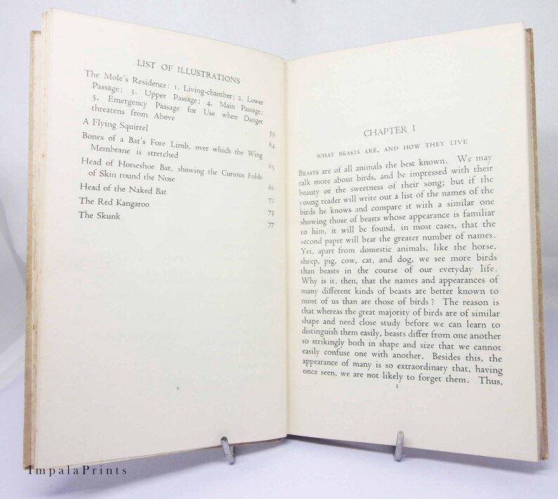 May include: A vintage book with a white cover and black text. The book is open to a page titled "What Beasts Are, and How They Live." The text discusses the differences between birds and beasts and how they are identified.