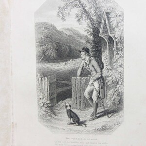 May include: A black and white engraving of a man standing by a fence, looking out at a field with sheep. He is wearing a hat and a coat. A dog is sitting by his feet. The engraving is titled "The Pleasures of Hope" and includes the text "Leana oer its humble stile and thinks the while Oh that for me some home like this would smile Some hamlets shade to yield my sickly form Health in the breeze and shelter in the storm Page 16."