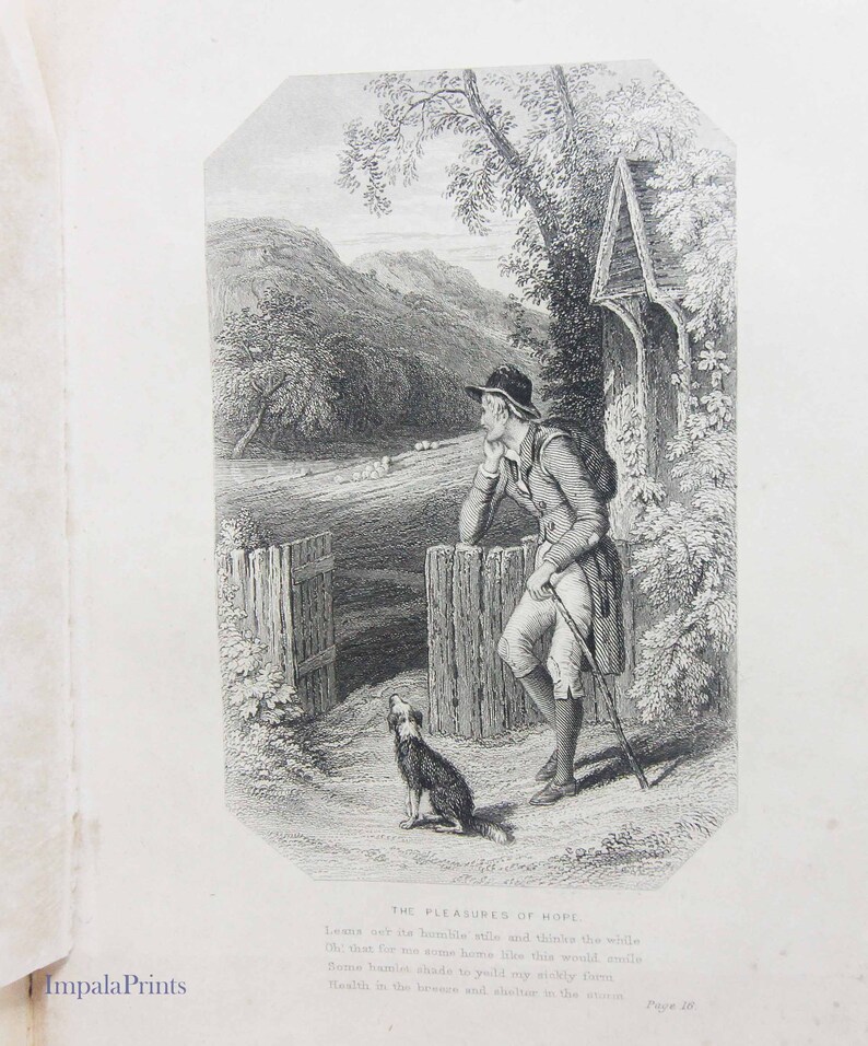 May include: A black and white engraving of a man standing by a fence, looking out at a field with sheep. He is wearing a hat and a coat. A dog is sitting by his feet. The engraving is titled "The Pleasures of Hope" and includes the text "Leana oer its humble stile and thinks the while Oh that for me some home like this would smile Some hamlets shade to yield my sickly form Health in the breeze and shelter in the storm Page 16."