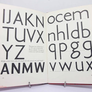 Può includere: Un'immagine in bianco e nero di una guida tipografica che mostra le proporzioni corrette delle lettere maiuscole in un carattere sans-serif. Il testo recita "Le proporzioni di queste lettere sono le stesse di quelle dell'alfabeto romano. Lo spessore del tratto è un decimo dell'altezza della lettera." e "Modificare alcune lettere quando lo spessore del tratto supera un decimo dell'altezza."