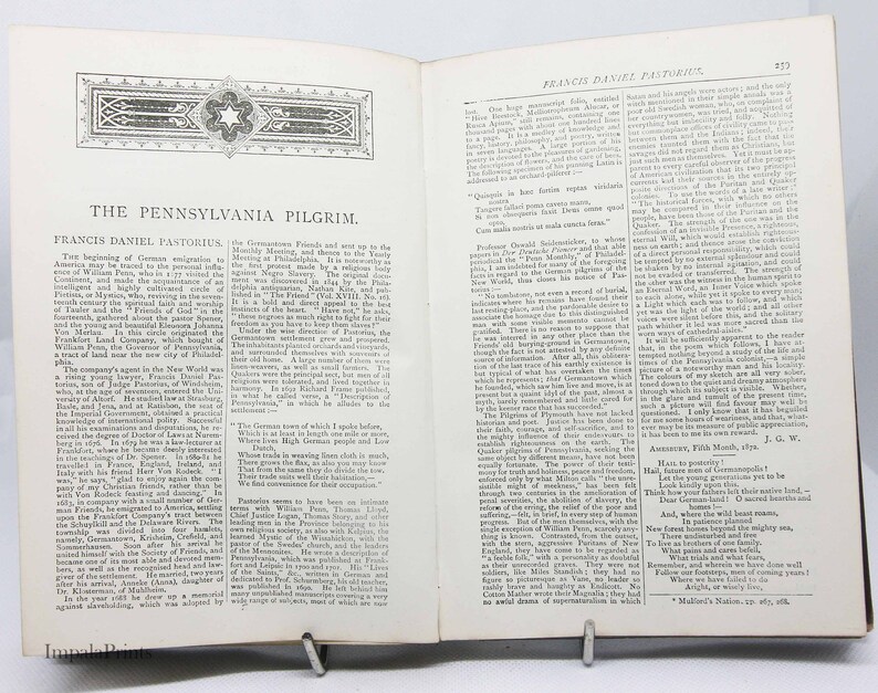 May include: A page from a book titled "The Pennsylvania Pilgrim" with text about the history of German immigration to America. The text discusses the arrival of Francis Daniel Pastorius and his role in founding Germantown, Pennsylvania.