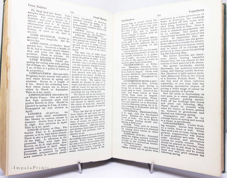 May include: Open book with botanical text, featuring pages with printed text and a visible metal book stand. The text includes information on plants, gardening, and soil testing. The book is open to display the text, with the Impala Prints logo at the bottom.