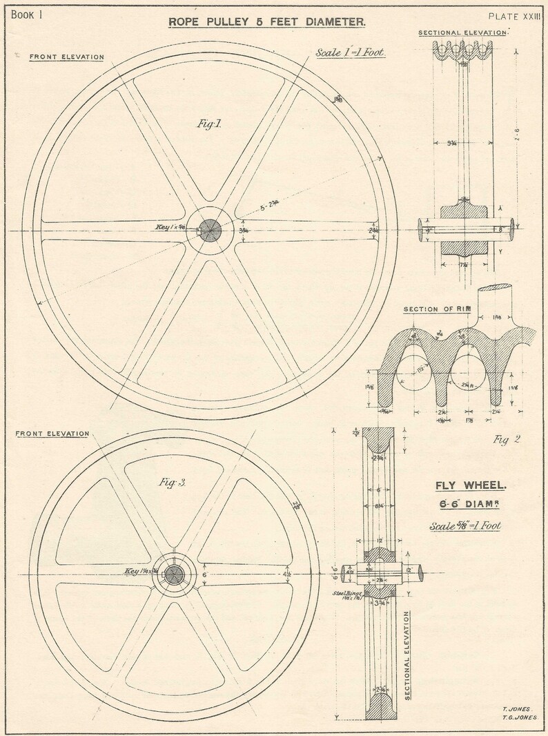 Machine Drawing Pulley 1930s Vintage industrial Print Engineering Drawings blueprint Art Plan Gift Home