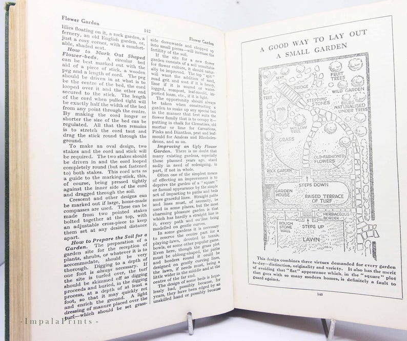 May include: Open book with a diagram titled "A Good Way to Lay Out a Small Garden." The illustration shows a garden layout with paths, flower beds, and labeled features like a lawn and fruit trees.