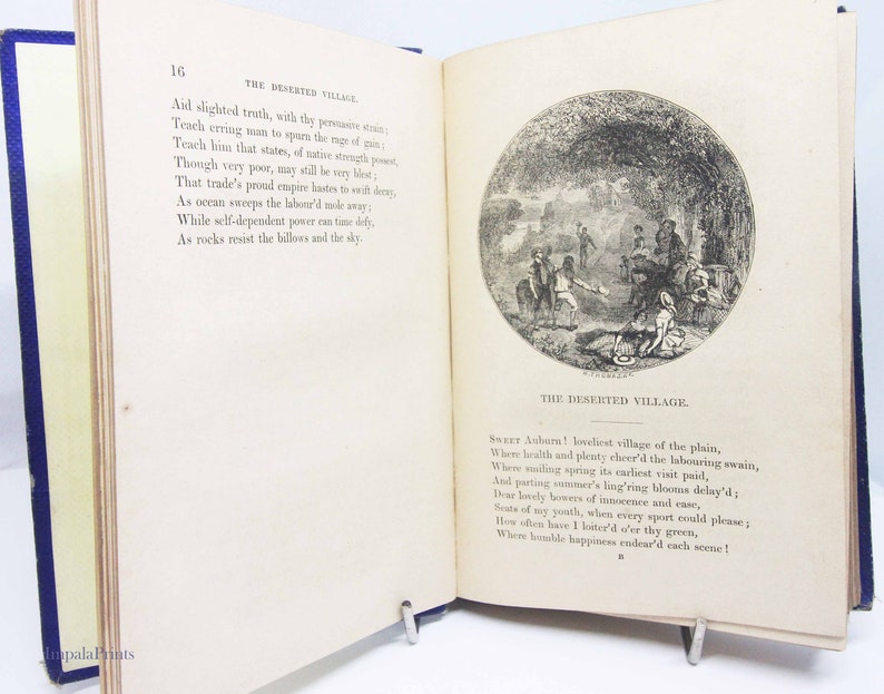 May include: An illustration from a vintage book depicting a rural village scene. The image shows a group of people gathered in a field, with a small village in the background. The text "The Deserted Village" is printed below the image.