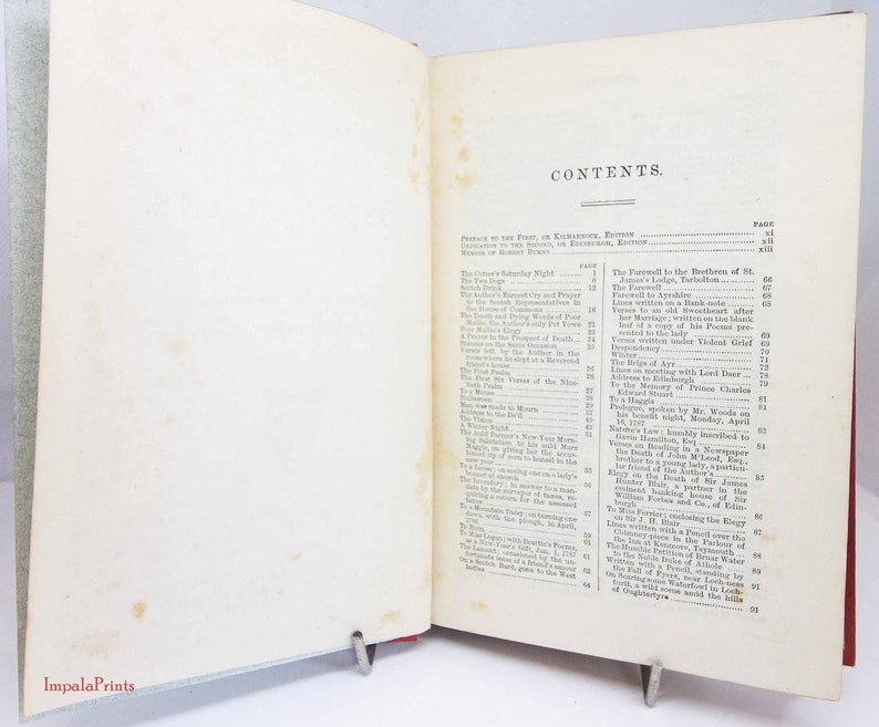 Pode incluir: Um livro aberto exibindo uma p&aacute;gina de sum&aacute;rio com o t&iacute;tulo CONTENTS em fonte serifada preta. A p&aacute;gina lista v&aacute;rios t&iacute;tulos liter&aacute;rios e n&uacute;meros de p&aacute;gina em duas colunas. O papel &eacute; branco sujo com manchas de oxida&ccedil;&atilde;o castanho-claras.