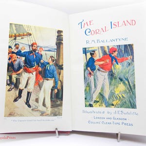 The Coral Island Antique 1910s Childrens illustrated Story Book Book Robert Vintage old Book Red Hardback