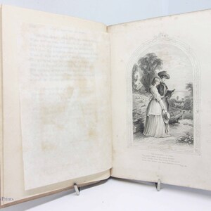May include: An antique book with a black and white illustration of two people standing in a landscape. The text on the page reads "The people met in the valley of the vale, And talked of love, and life, and death, and all."
