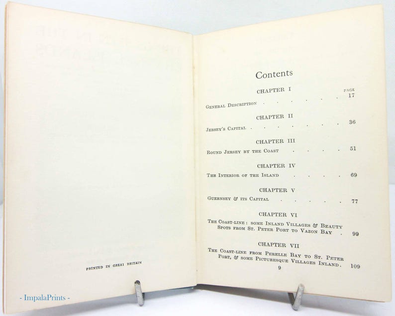 May include: Open book with the contents page visible. The page is cream-colored with black text. The title "Contents" is at the top, followed by chapter titles and page numbers. The text "PRINTED IN GREAT BRITAIN" is at the bottom.