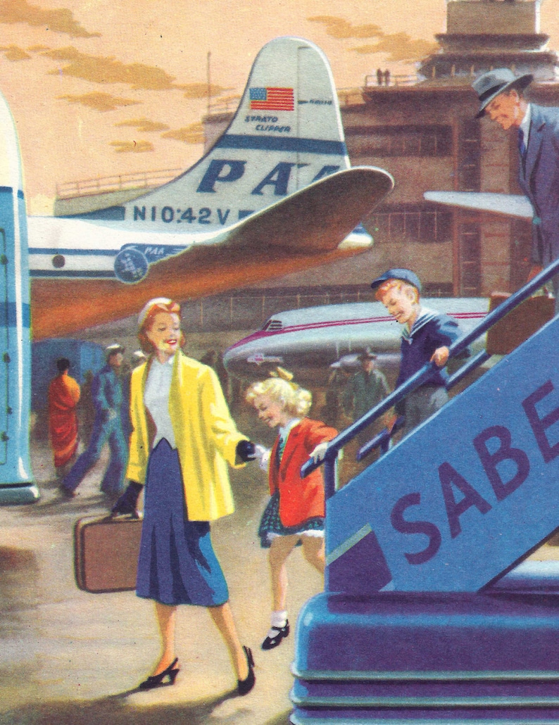 May include: A vintage illustration of a woman and a young girl boarding a Pan Am airplane. The woman is wearing a yellow coat and a blue skirt. The girl is wearing a red jacket and a white shirt. The airplane is a silver and blue Stratocruiser with the text "Pan Am" on the side. The text "Strato Clipper" is also visible on the airplane. The airplane is parked at a gate with a blue and white sign that says "SABRE".