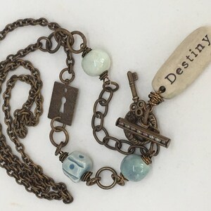 OOAK Vintaj Rustic Wire Wrapped 'Destiny' Ceramic Bead Long Line Necklace in Duck Egg Blues image 4