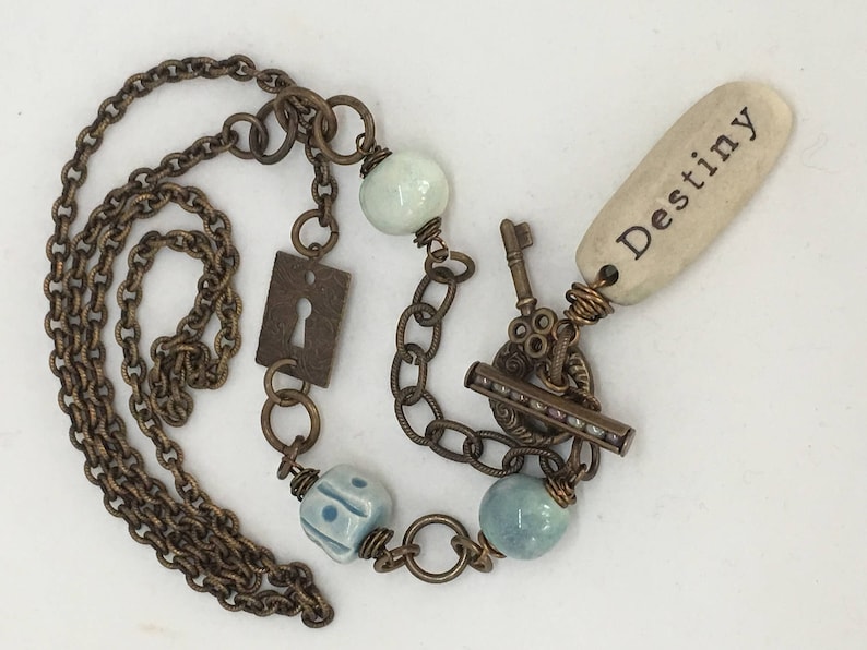 OOAK Vintaj Rustic Wire Wrapped 'Destiny' Ceramic Bead Long Line Necklace in Duck Egg Blues image 4