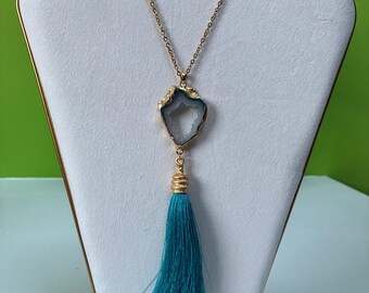 Gold Electroplated Druzy Crystal Portal Long Necklace w/Silk Tassel OOAK Spiritual Statement Jewellery Enchanted Kingdom Portal