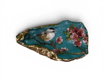 Luxury Feng-Shui Prosperity Bowl Decoupage Oyster Shell/Spiritual Altar Bowl/Abundance &  Manifestation Decor/Bluebird