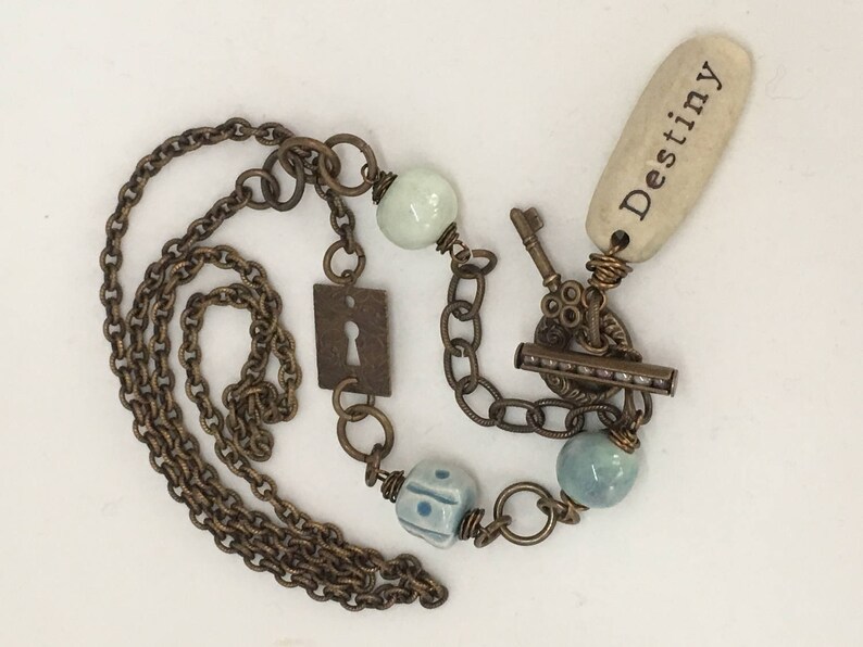 OOAK Vintaj Rustic Wire Wrapped 'Destiny' Ceramic Bead Long Line Necklace in Duck Egg Blues image 1