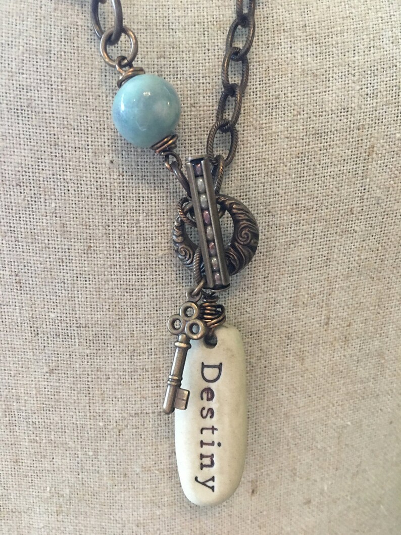 OOAK Vintaj Rustic Wire Wrapped 'Destiny' Ceramic Bead Long Line Necklace in Duck Egg Blues image 2