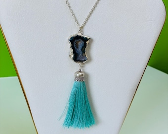 Silver Electroplated Druzy Crystal Portal Long Necklace w/Silk Tassel OOAK Spiritual Statement Jewellery /Jade Grove Portal