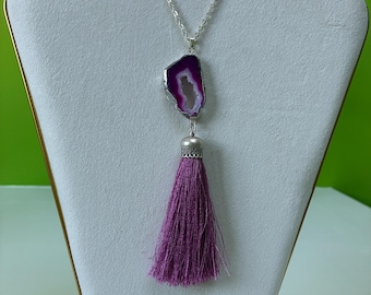 Silver Electroplated Druzy Crystal Portal Long Necklace w/Silk Tassel OOAK Spiritual Statement Jewellery /Violet Flame Portal