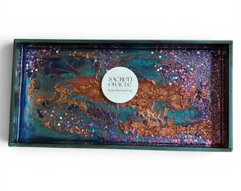 Luxury Resin Mirrored Tray/Copper Leaf & Holographic Glitter Cosmic Celestial Glam Home Decor