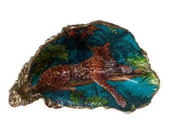 Luxury Feng-Shui Prosperity Bowl Decoupage Oyster Shell/Spiritual Altar Bowl/Abundance &  Manifestation Decor Jaguar Spirit