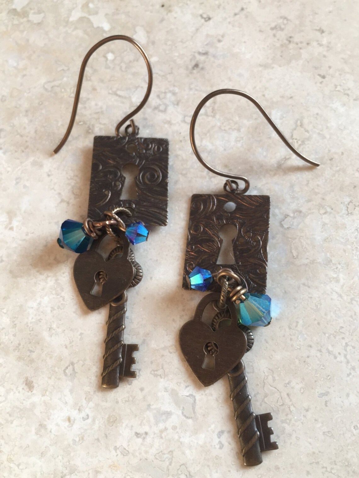 Vintaj Natural Brass Embossed Lock and Key Dangle Earrings With Wire ...