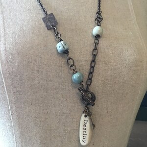 OOAK Vintaj Rustic Wire Wrapped 'Destiny' Ceramic Bead Long Line Necklace in Duck Egg Blues image 3